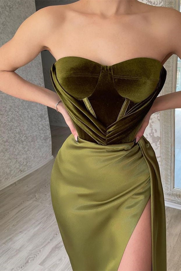 Strapless Olive Green Mermaid Evening Dress with Split | Ballbella