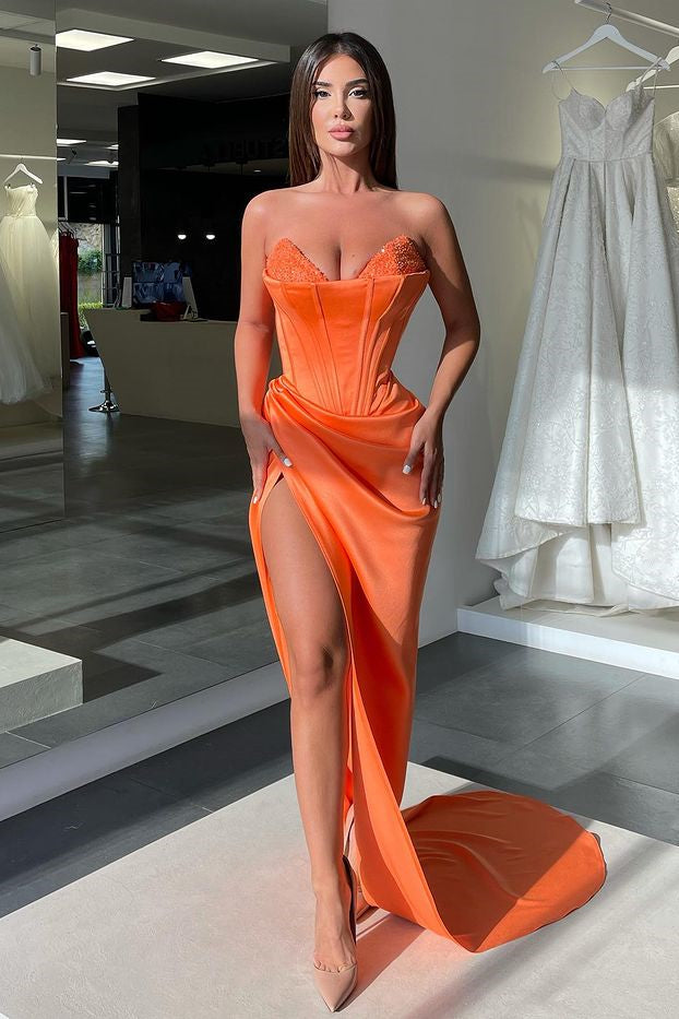 Sleeveless Orange V-Neck Mermaid Prom Dress with Beads and Split | Ballbella