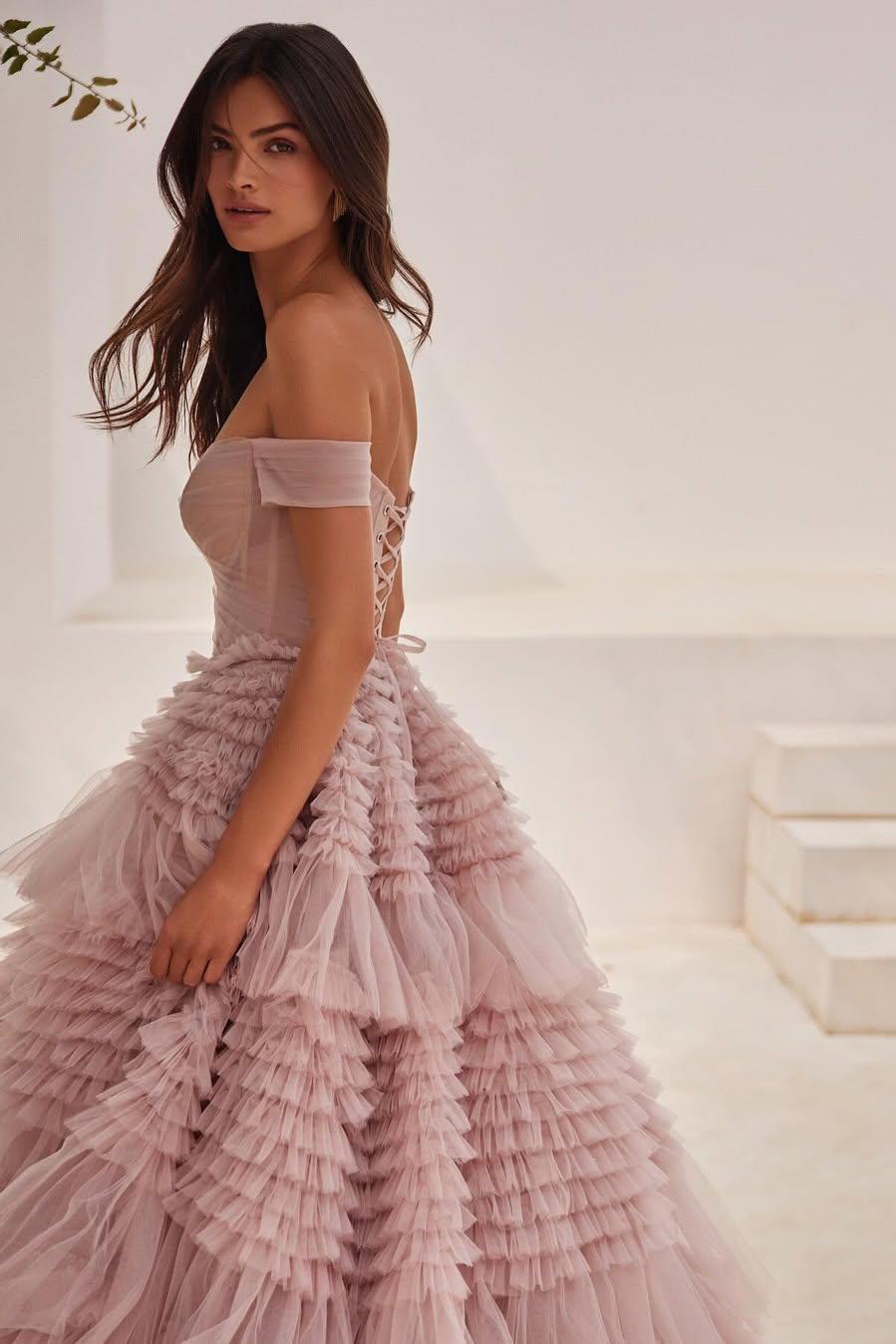 Amazing Blushing Pink Tulle Off-the-Shoulder Strapless Puffy Prom Dress with Ruffles | Ballbella