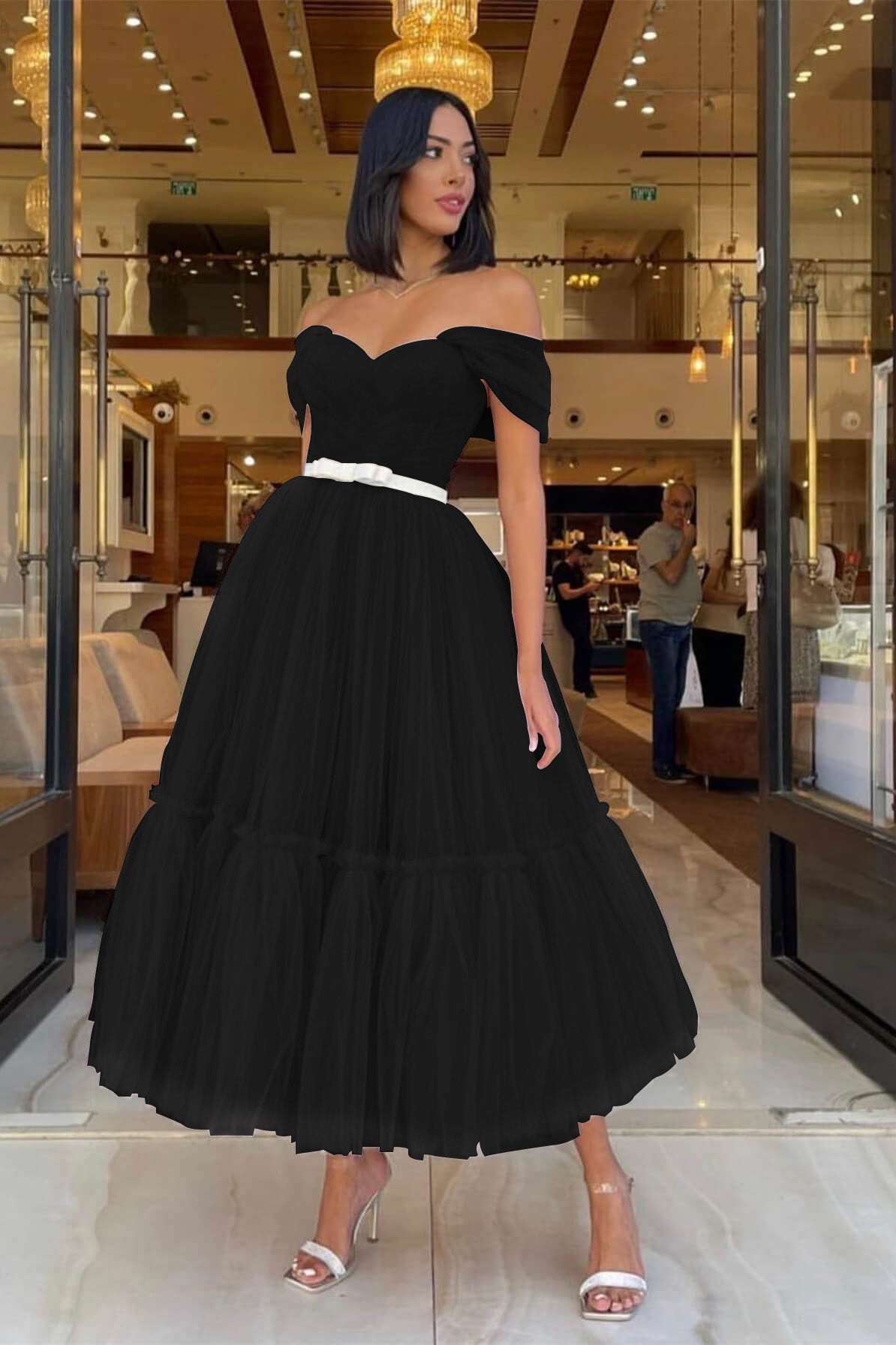Sweetheart Light Pink Off-the-Shoulder Tulle Prom Dress with Belt | Ballbella