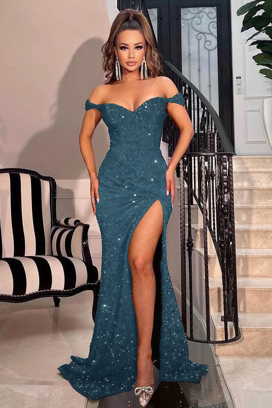 Off-the-Shoulder Red Sweetheart Sequins Mermaid Prom Dress with Split | Ballbella