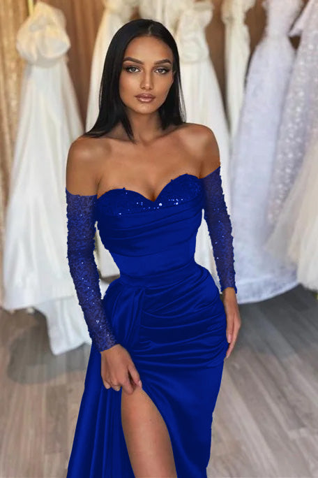Sweetheart Long-Sleeve Black Beaded Evening Dress with Off-the-Shoulder Mermaid Style | Ballbella