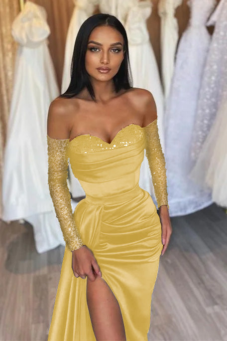 Sweetheart Long-Sleeve Black Beaded Evening Dress with Off-the-Shoulder Mermaid Style | Ballbella