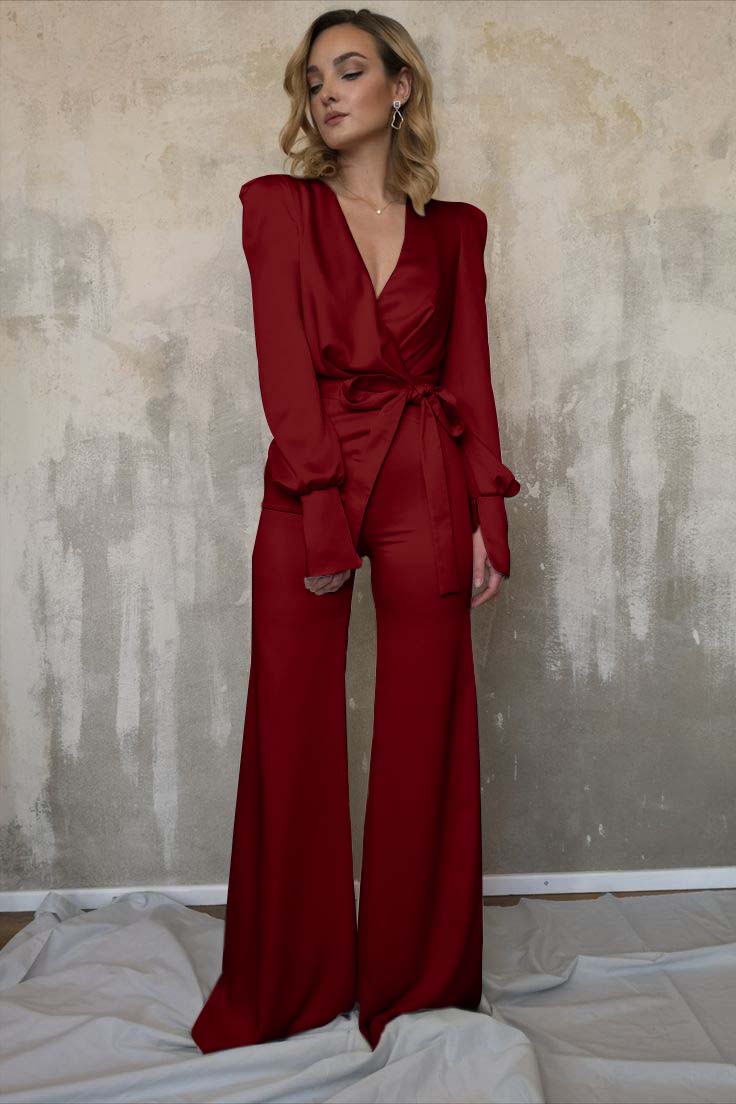 White Women's V-Neck Jacket Top Jumpsuit | Ballbella