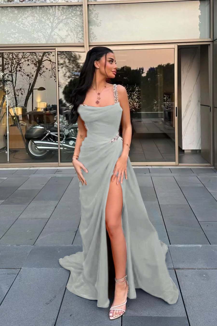 Stunning Red Satin Spaghetti Strap Sleeveless Long Prom Dress with Beadings | Ballbella