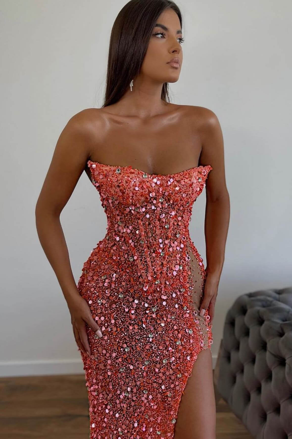 Orange Gorgeous Sequins Mermaid Sweetheart Prom Dress with Split and Sleeveless | Ballbella