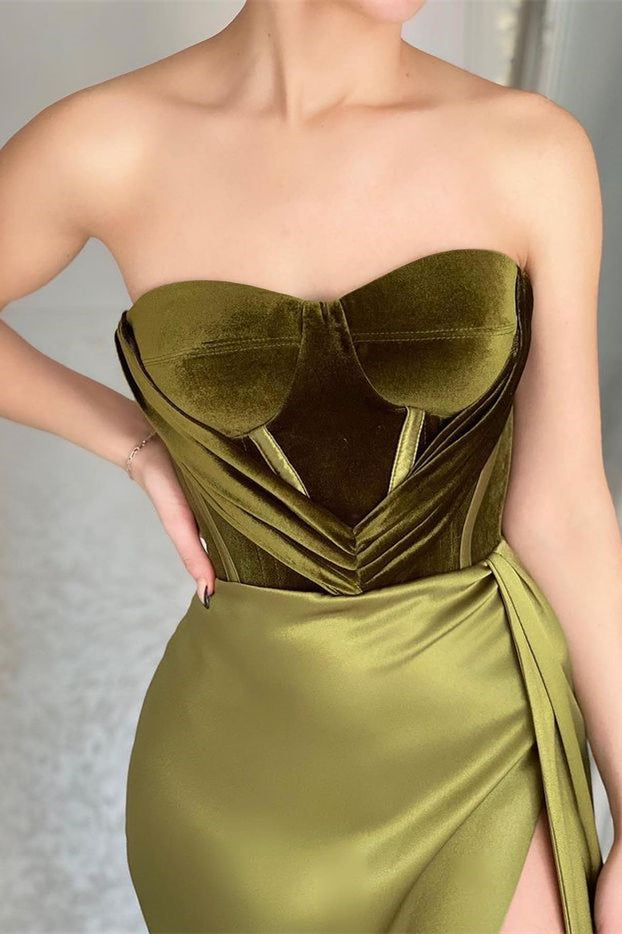 Strapless Olive Green Mermaid Evening Dress with Split | Ballbella