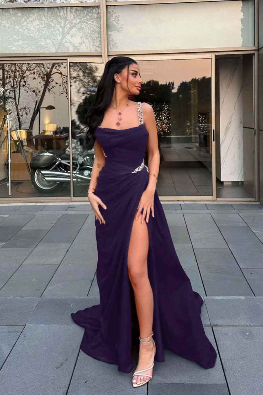 Stunning Red Satin Spaghetti Strap Sleeveless Long Prom Dress with Beadings | Ballbella