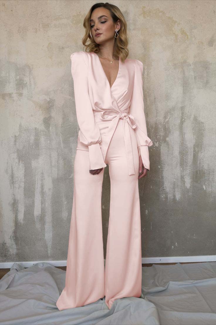 White Women's V-Neck Jacket Top Jumpsuit | Ballbella