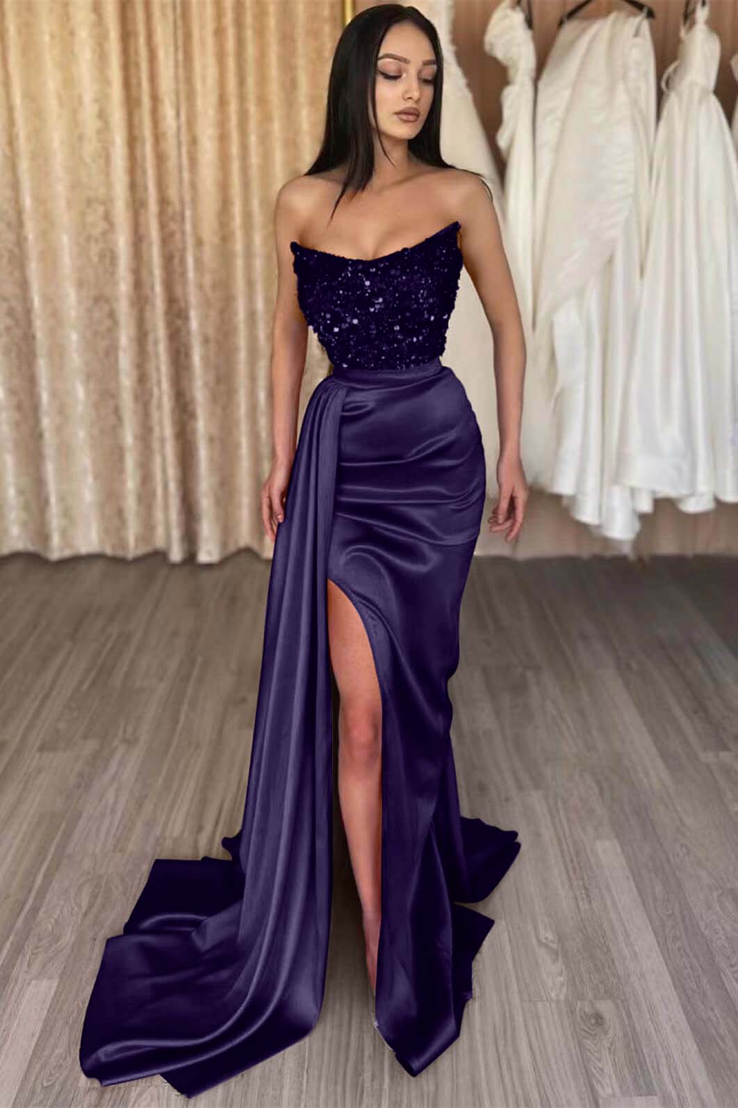 Red Strapless Elegant Sequins Long Prom Dress Mermaid with Split | Ballbella