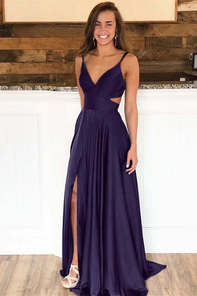 Spaghetti-Strap Long Split Evening Dress | Ballbella