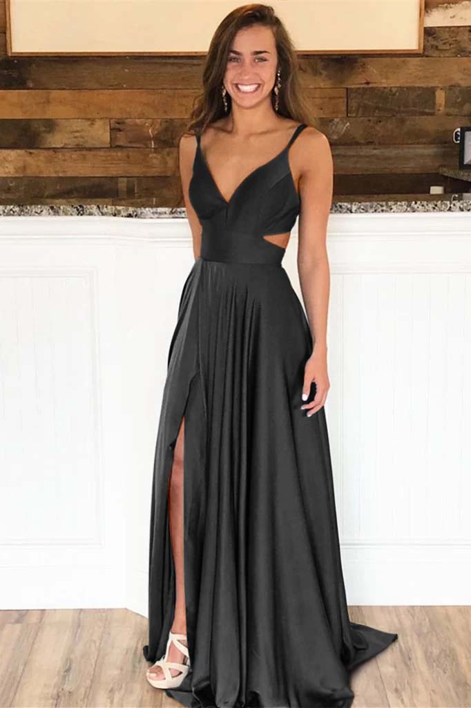 Spaghetti-Strap Long Split Evening Dress | Ballbella
