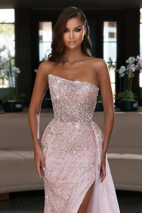 Strapless Light Pink Mermaid Sequins Prom Dress with Split and Ruffles | Ballbella