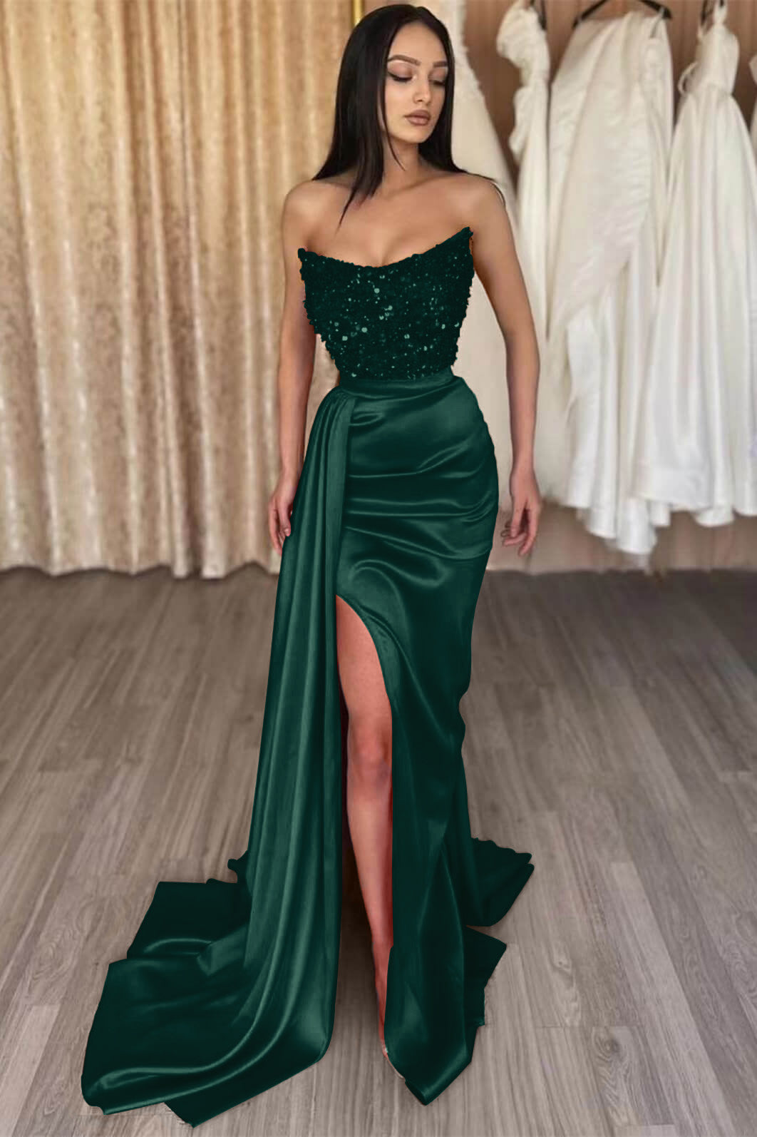 Red Strapless Elegant Sequins Long Prom Dress Mermaid with Split | Ballbella