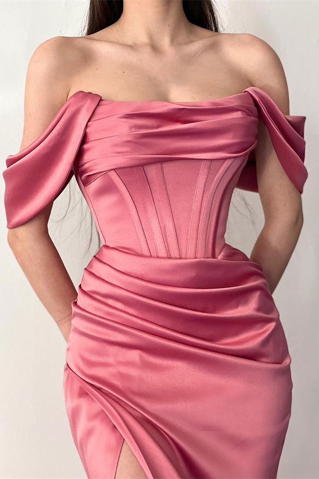 Off-the-Shoulder Pleated Dusty Rose Mermaid Prom Dress with Split | Ballbella
