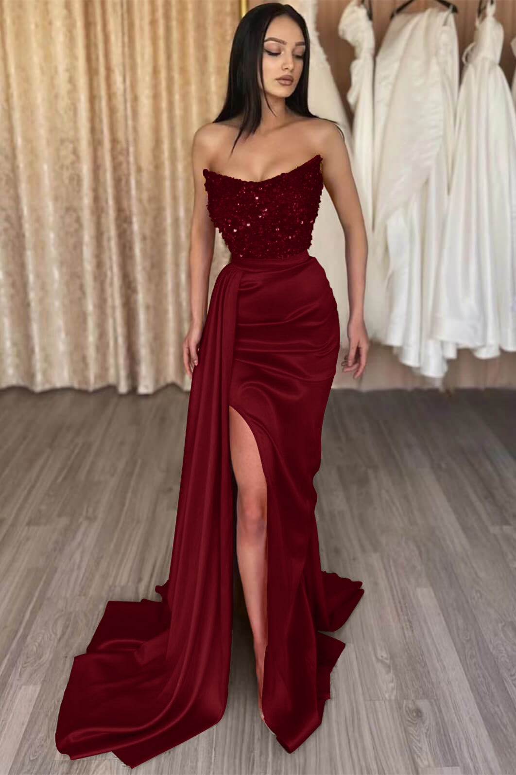 Red Strapless Elegant Sequins Long Prom Dress Mermaid with Split | Ballbella