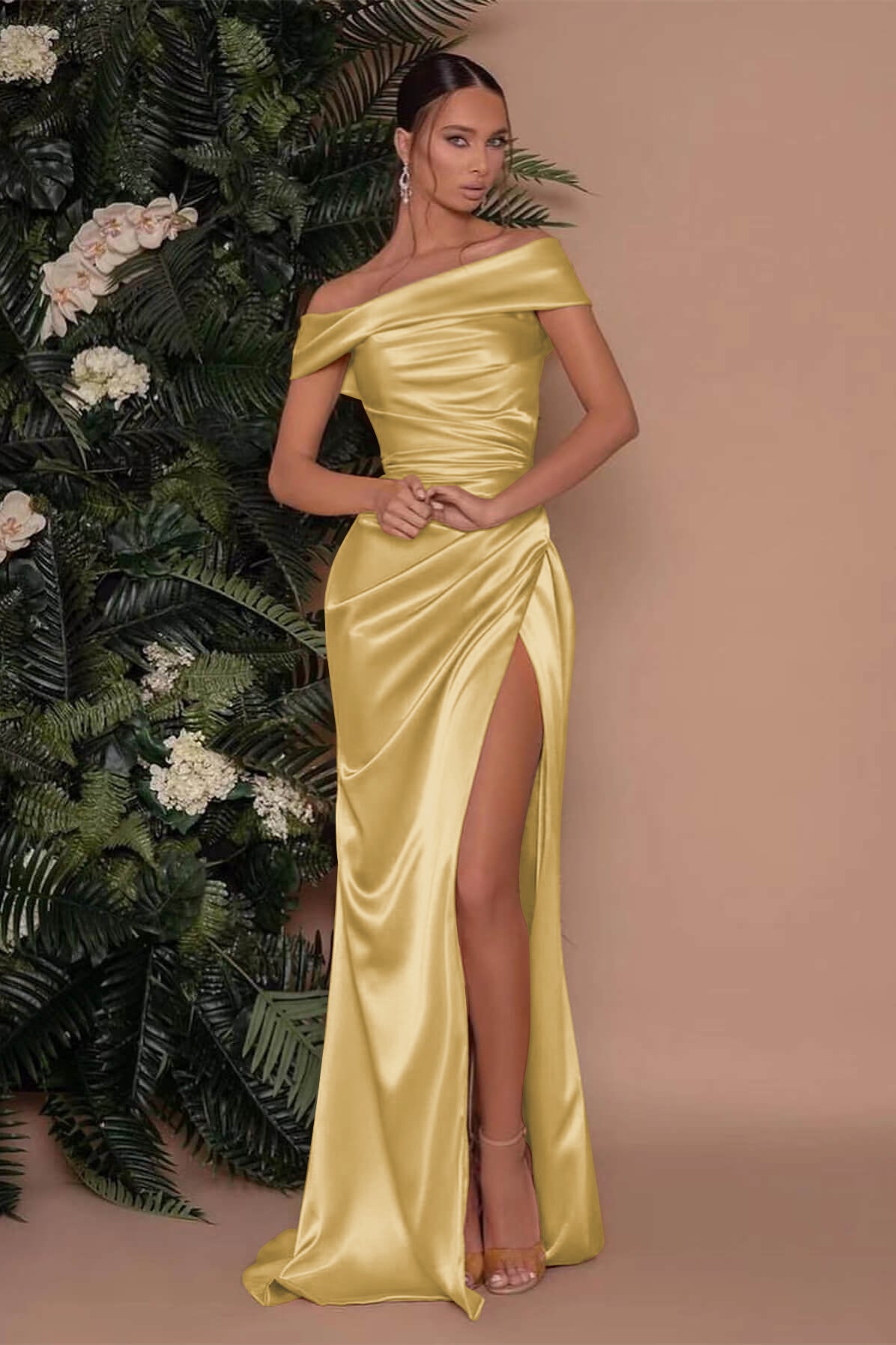 Off-the-Shoulder Champagne Charmeuse Prom Dress with Split Mermaid | Ballbella