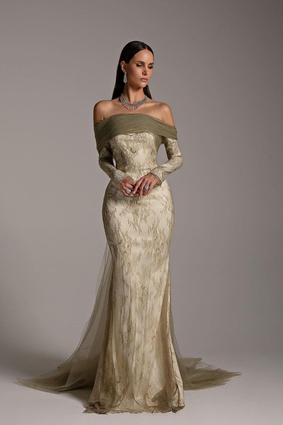 Stunning Printed Off-the-Shoulder Long Sleeve Mermaid Prom Dress with Pleats | Ballbella