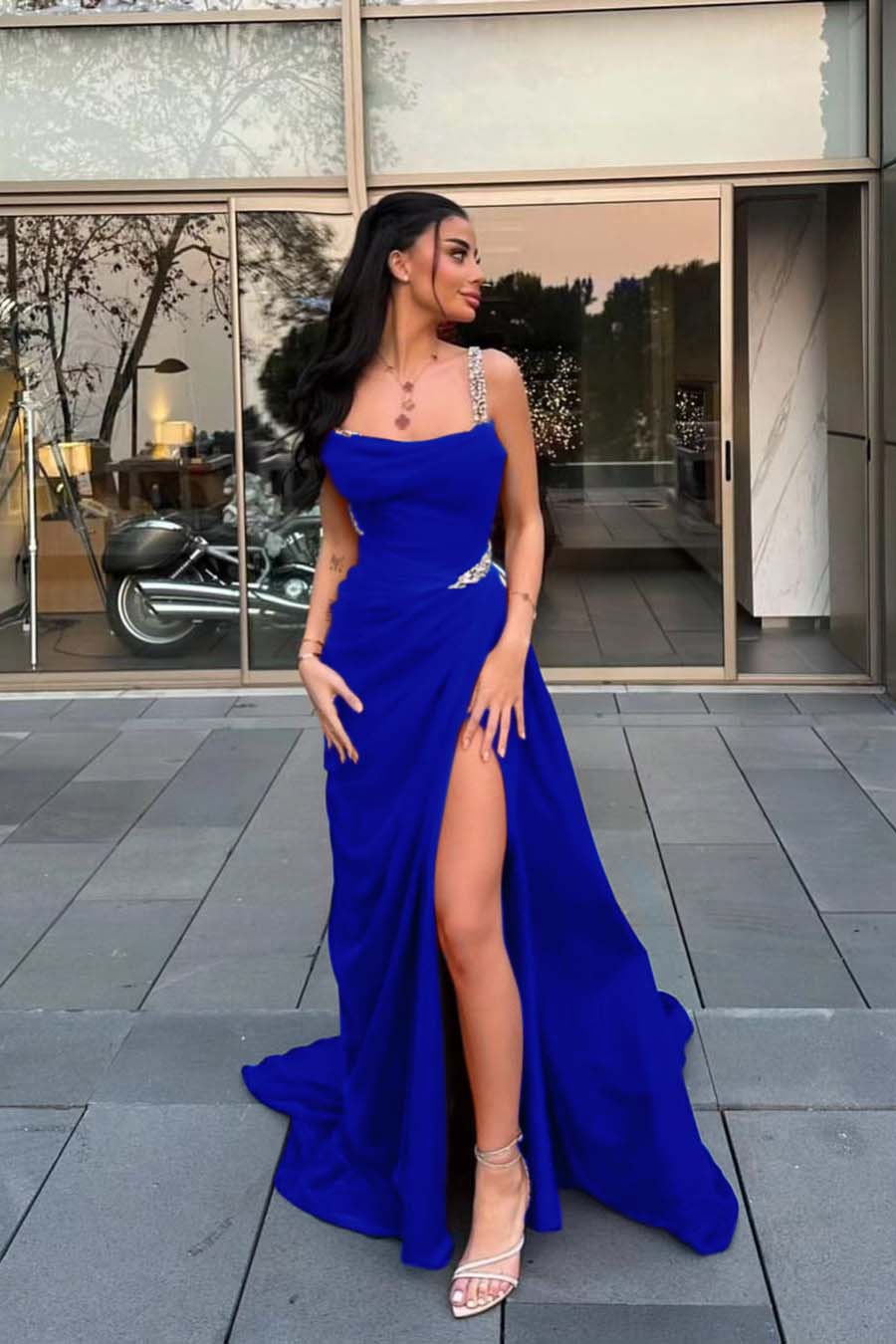 Stunning Red Satin Spaghetti Strap Sleeveless Long Prom Dress with Beadings | Ballbella