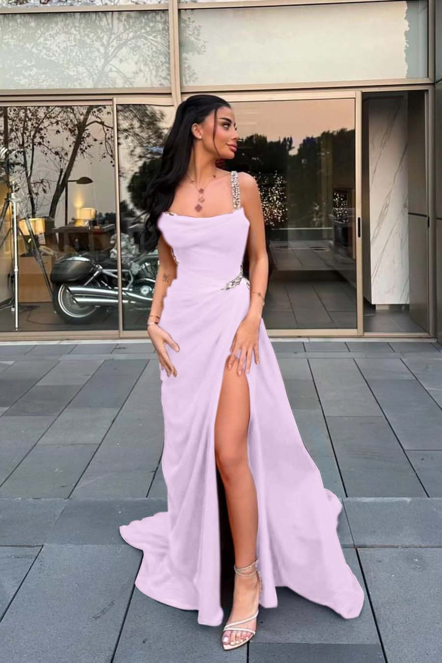 Stunning Red Satin Spaghetti Strap Sleeveless Long Prom Dress with Beadings | Ballbella