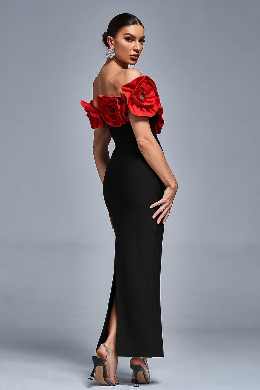 Exquisite Black Sleeveless Off-the-Shoulder Mermaid Prom Dress with Flower | Ballbella