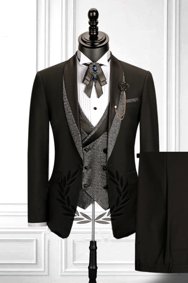 Modern 3 Piece Men's Suit with Stitched Shawl Lapel and Double Breasted Waistcoat Black
