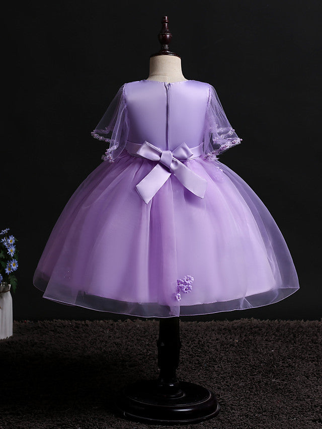 Princess Midi Dress for Weddings & Birthdays: Satin Tulle Jewel Neck with Bow(s) Pearls & Beading