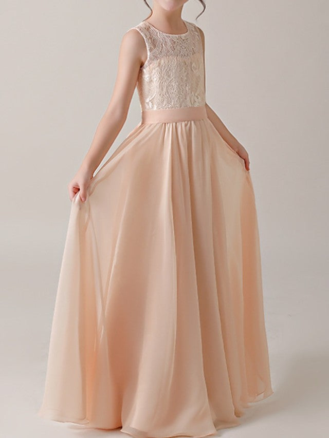 A-Line Floor Length Flower Girl Dress with Sleeveless Jewel Neck and Lace Sash Ribbon