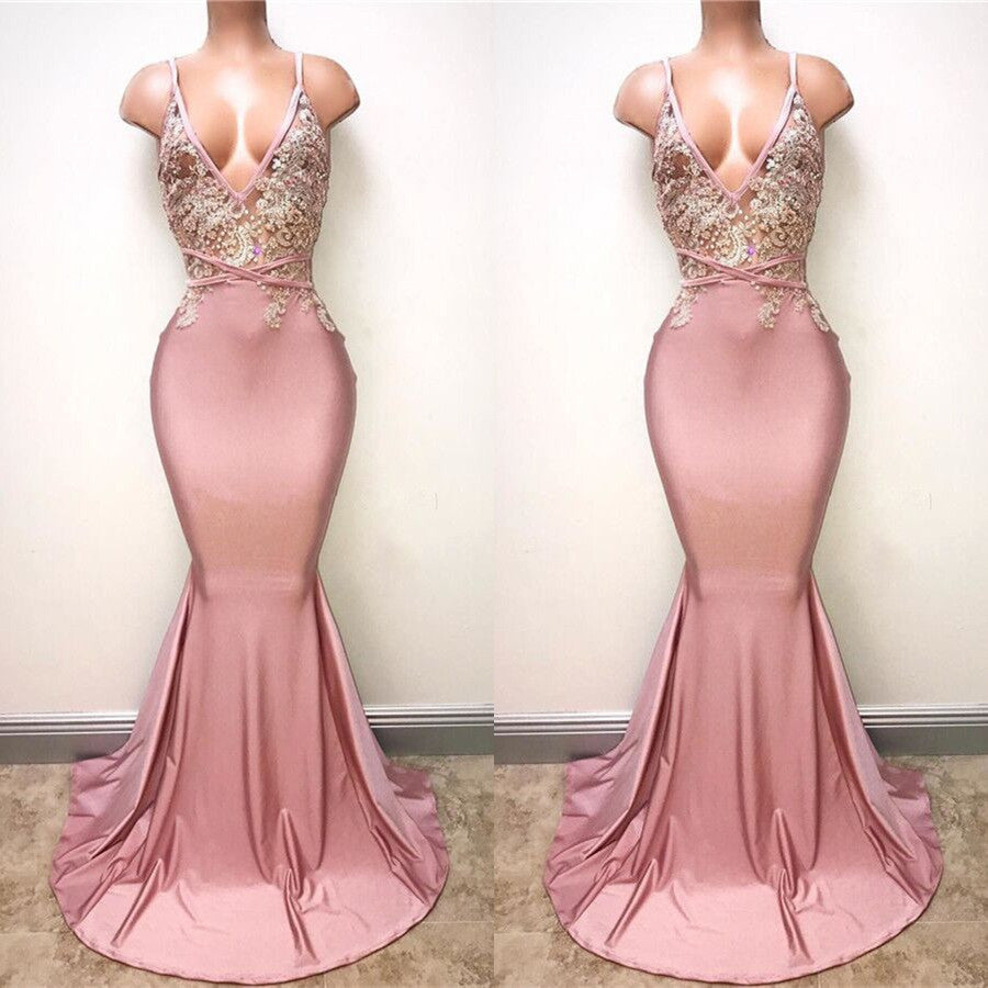 Glamorous Pink Spaghetti-Straps Long Mermaid Prom Dress With Lace Appliques