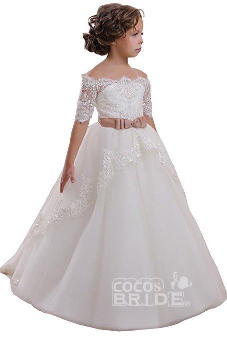 Gorgeous White Ball Gown for Girls with 1/2 Sleeves and Lace Detail