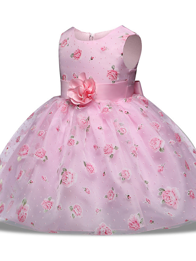 Princess Midi Wedding/Party Satin/Tulle Sleeveless Jewel Neck With Bow(s) Tier Pattern and Print
