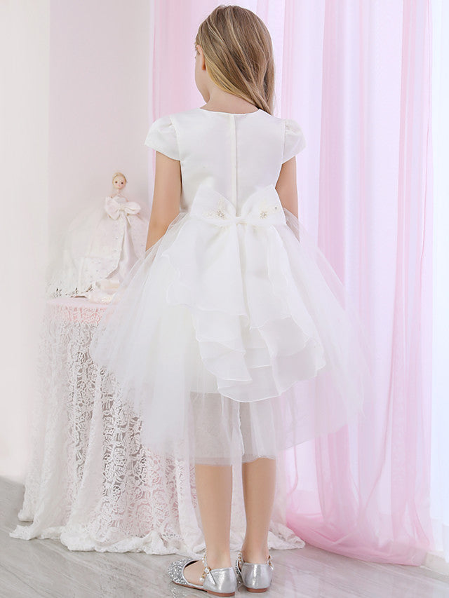 Princess Cap Sleeve Jewel Neck Ball Gown Flower Girl Dress With Beading Appliques Satin Tulle