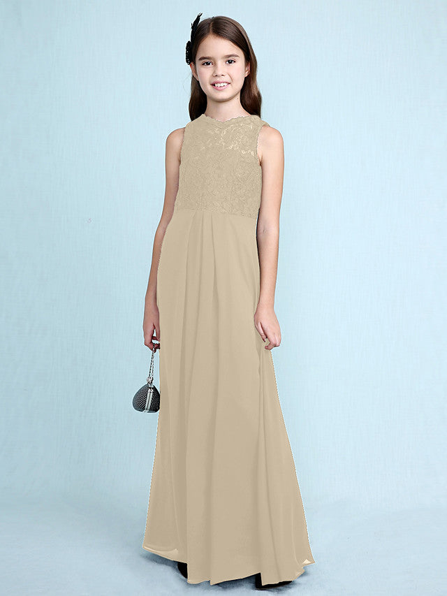 Sheath Column Scoop Neck Floor Length Chiffon & Lace Junior Bridesmaid Dress