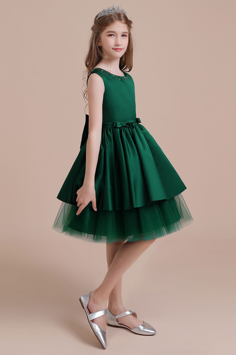 A-line Flower Girl Dress with Bow Beading and Satin Tulle