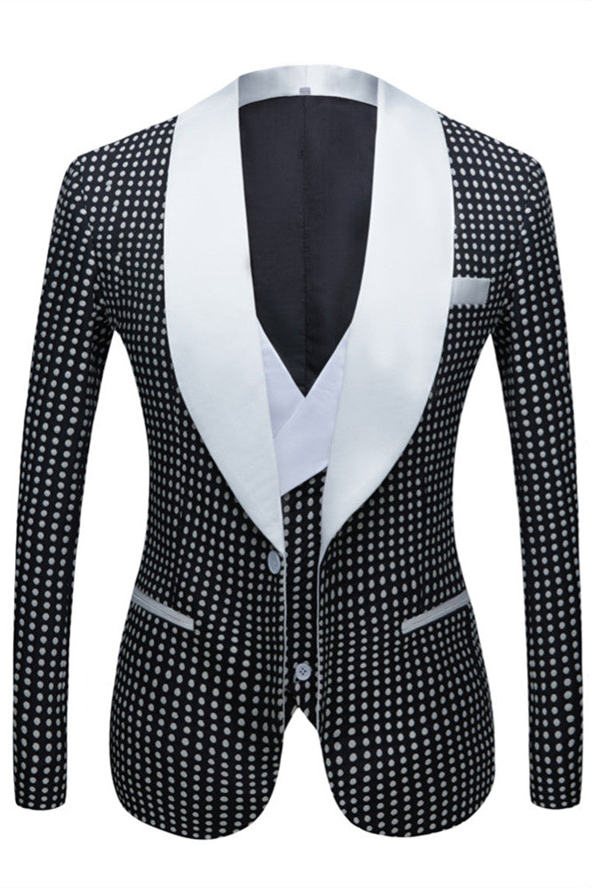 Modern Black Dot Slim Fit Shawl Lapel Wedding Suit For Men
