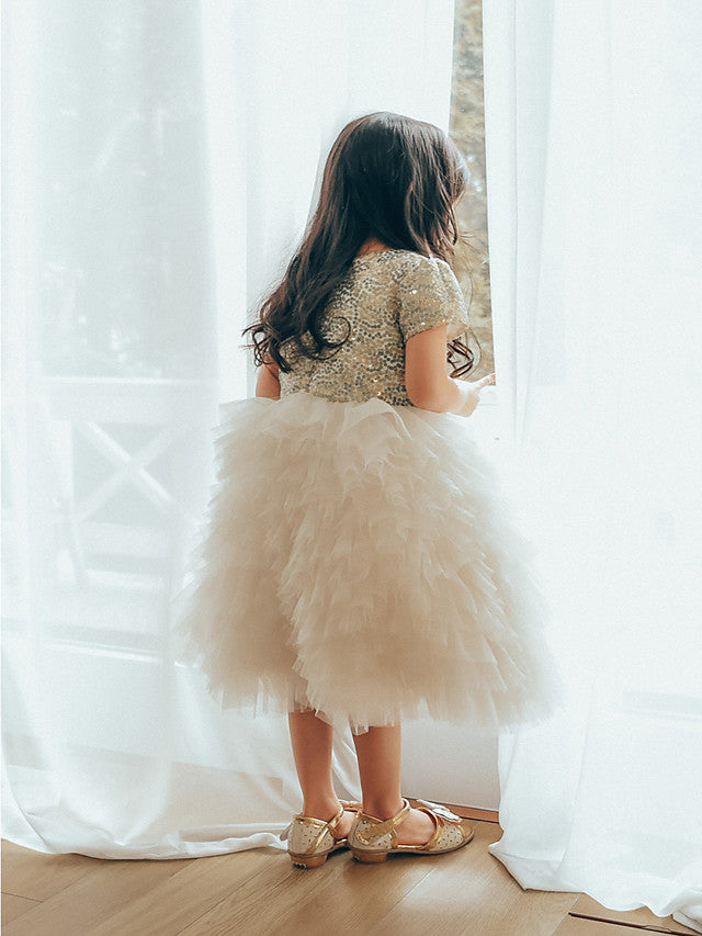 Short Sleeve Jewel Neck Flower Girl Dresses with Tulle & Paillette Sequins