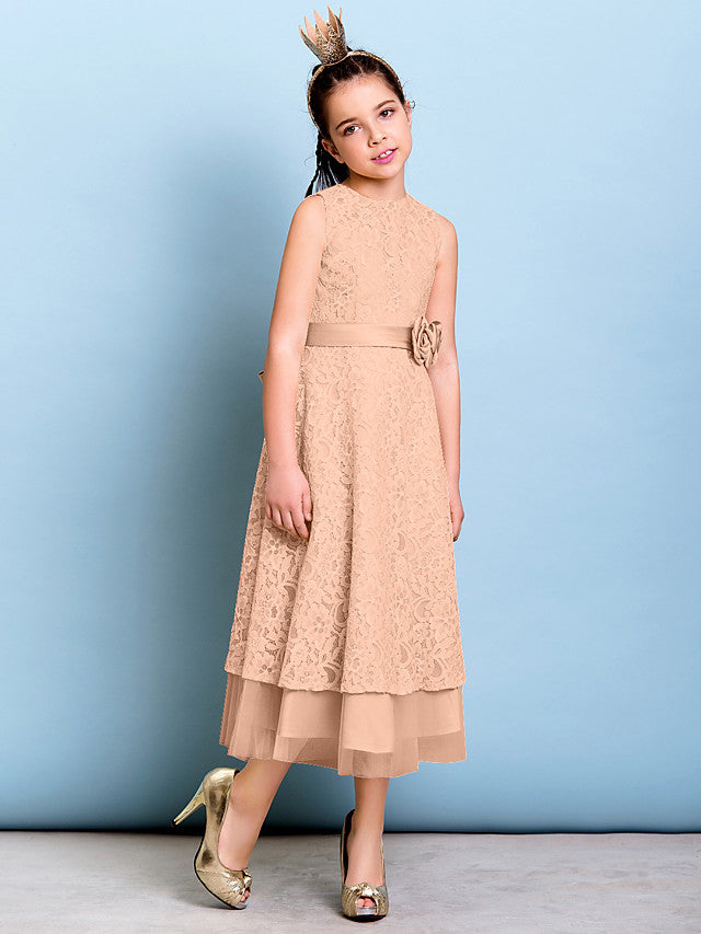 A-Line Jewel Neck Tea Length Floral Lace Junior Bridesmaid Dress with Sash & Accessories