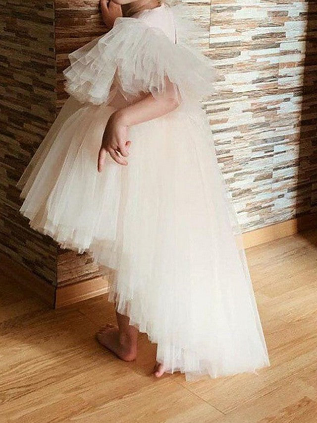 V Neck Ball Gown Knee Length Flower Girl Dress with Tulle and Tier Appliques