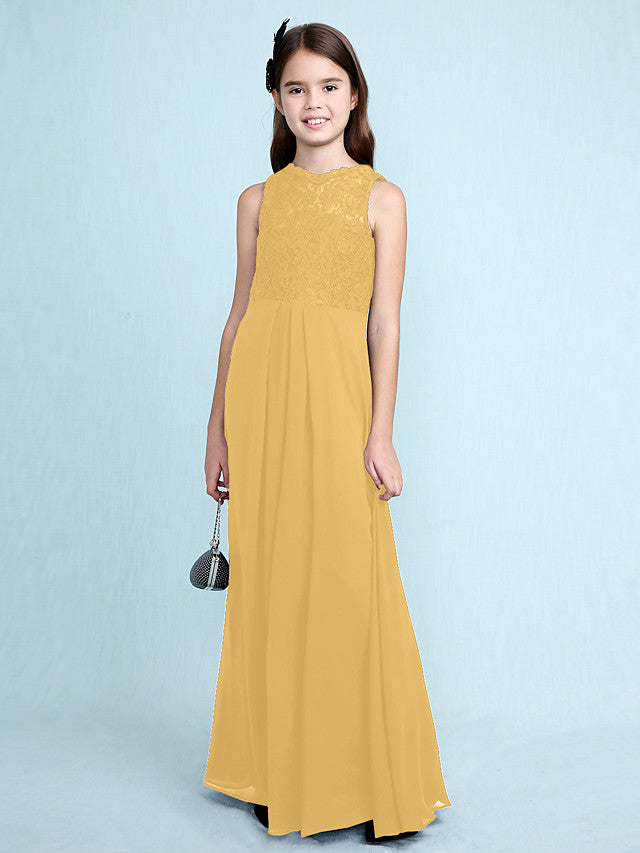 Sheath Column Scoop Neck Floor Length Chiffon & Lace Junior Bridesmaid Dress