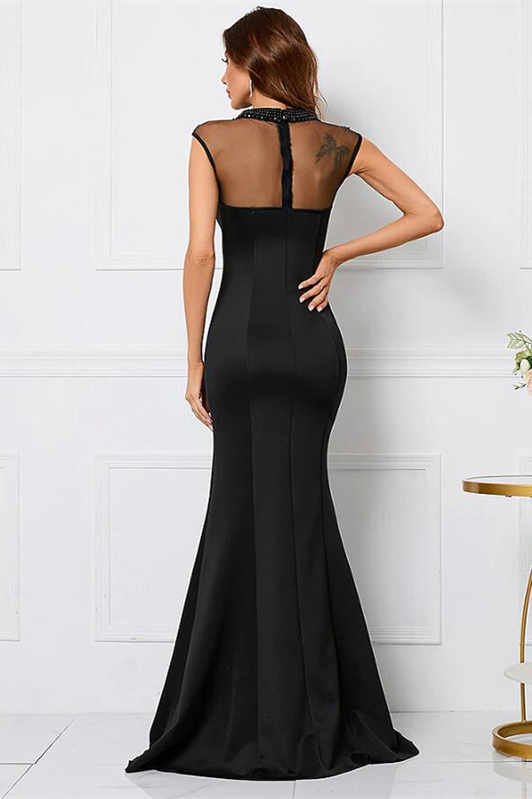 Beaded High Collar Mermaid Sleeveless Evening Dress - Black