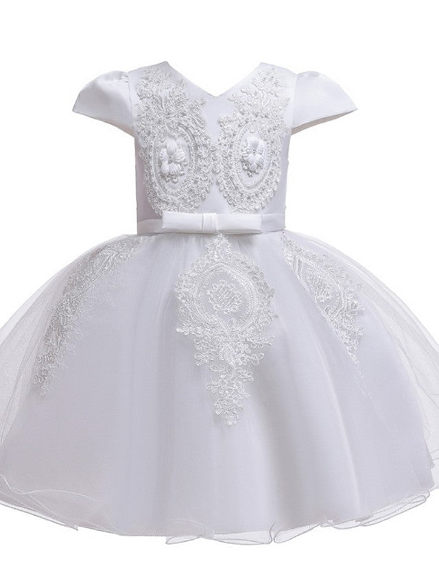 Short Sleeve V Neck Flower Girl Dresses with Tulle Sash Ribbon and Bow Appliques