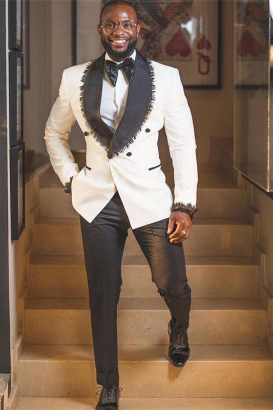 White Double Breasted Shawl Lapel Wedding Suit with Tassels by Ackerly