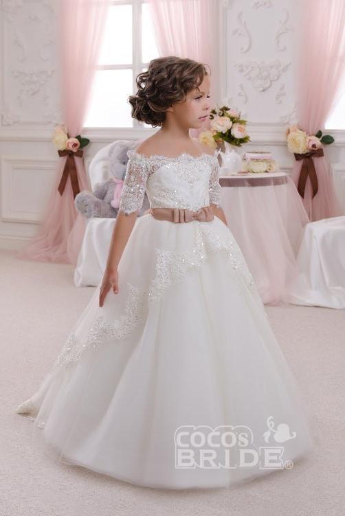 Gorgeous White Ball Gown for Girls with 1/2 Sleeves and Lace Detail