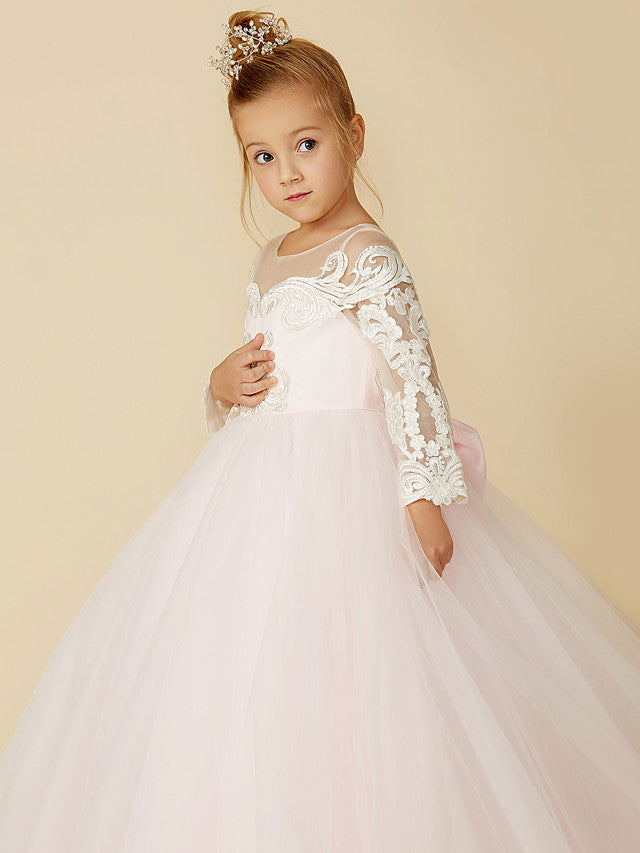 Ball Gown Long Sleeve Illusion Neck Flower Girl Dress with Lace Tulle Bows and Buttons