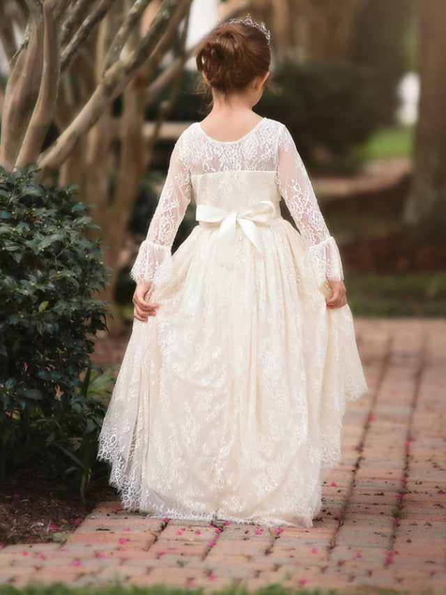 Long Sleeve V-Neck Ball Gown Flower Girl Dress with Lace Bow Appliques