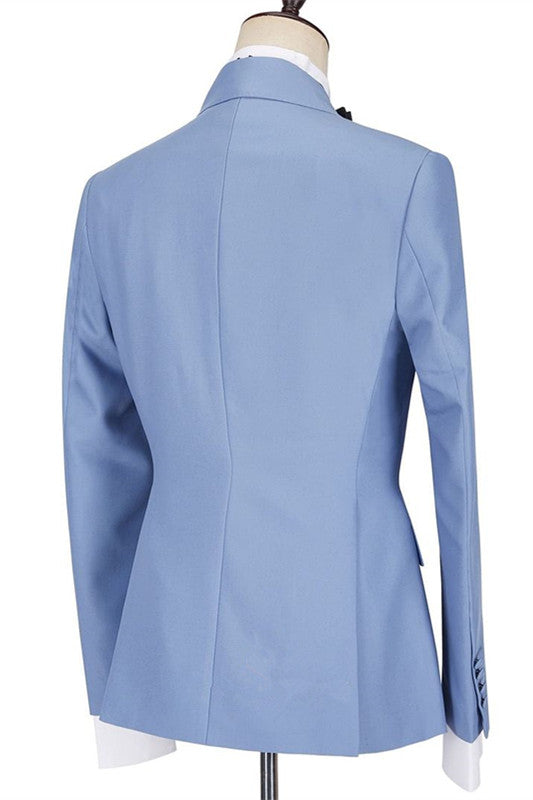 Stylish Blue Casual Prom Suit For Guys With Peaked Lapel and Ruffles