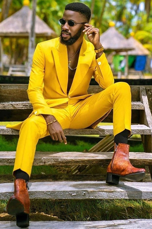 Look Sharp in the Hot Yellow Prince Prom Suit with Peaked Lapel