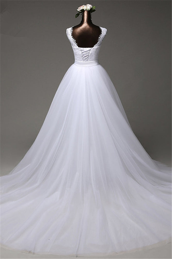 Chic Lace Long Wedding Dress with Jewel Sleeveless and Tulle Overskirt
