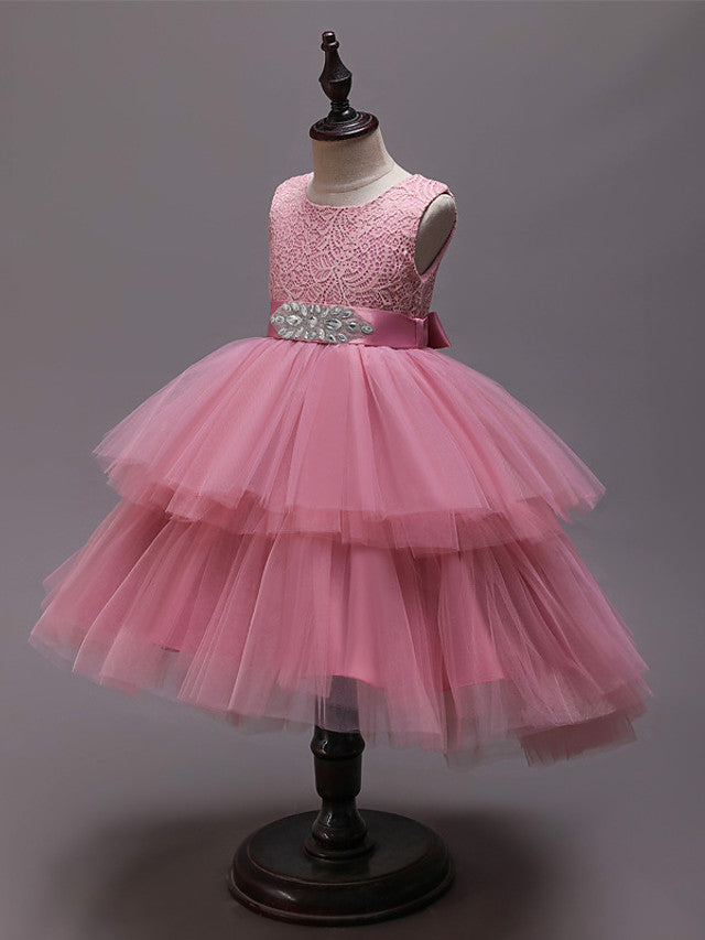 Asymmetrical Jewel Flower Girl Dress with Sleeveless Tulle and Belt - Crystals and Rhinestones
