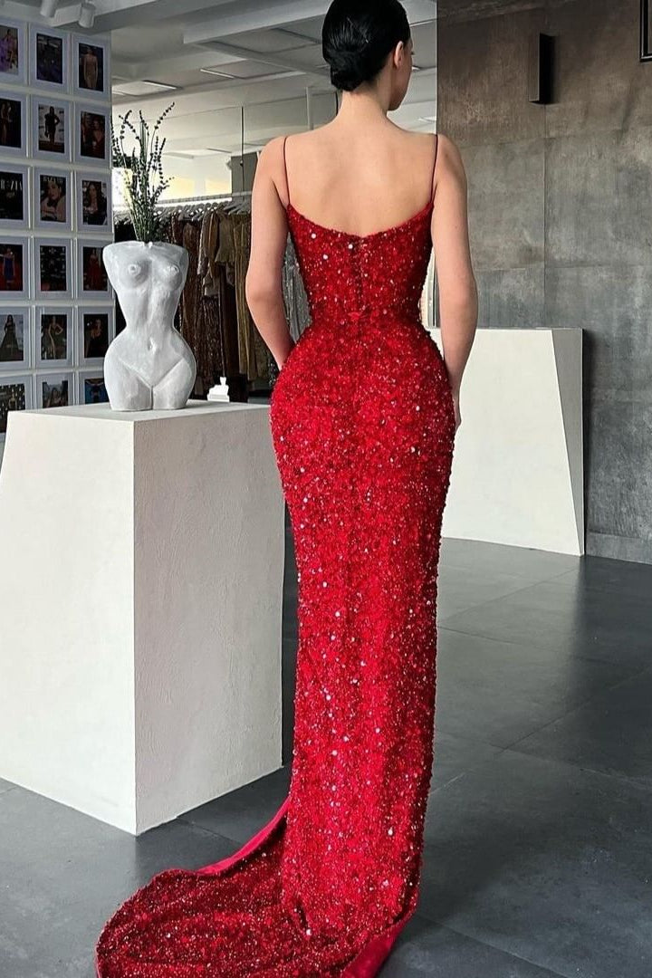 Glamorous Red Mermaid Evening Dress with Split Spaghetti-Straps and Sequins